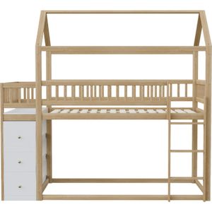 Gotagee Stapelbed 90x200 cm, huisvorm, veiligheidshekontwerp, met opbergkist en planken, laag hoogslaper met ladder, massief houten frame
