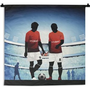 Wandkleed Voetbal illustratie - Een illustratie van twee voetballers in een stadion Wandkleed katoen 90x90 cm - Wandtapijt met foto