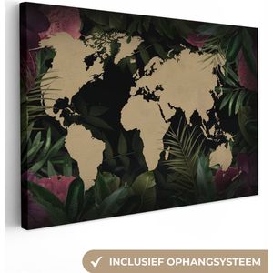 Canvas Wereldkaart - 180x120 - Wanddecoratie Wereldkaart - Bladeren - Jungle