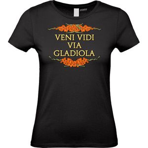 Dames T-shirt Veni Vidi Via Gladiola | Vierdaagse shirt | Wandelvierdaagse Nijmegen | Roze woensdag | Zwart | maat XXL