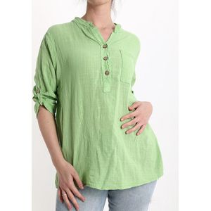 Katoen en linnen blouse - luchtige grove stof - opgerolde mouwen - knoppen - kleur LIME- maat 40