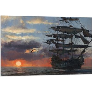 WallClassics - Vlag - Groot Piratenschip op Zee met Zon - 90x60 cm Foto op Polyester Vlag