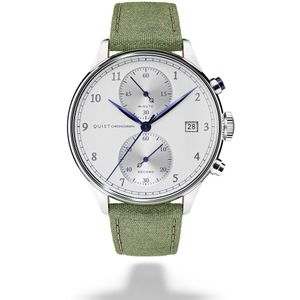 QUIST - Chronograph herenhorloge - zilver - witte wijzerplaat - groene cordura horlogeband - 41mm