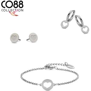 CO88 Collection 8CO-SET103 Stalen Sieraden Set - Dames - Armband - 16,5 + 3 cm - 2 Oorbellen - Hartjes - Staal - Zilverkleurig