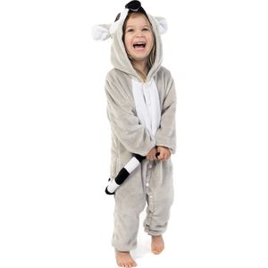 KIMU Onesie Lemur Ringstaartmaki Pakje - Maat 98-104 - Ringstaartmakipak Kostuum Grijs Pak - Kinder Huispak Jumpsuit Pyjama Jongen Meisje Festival