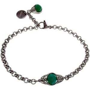 16cm tot 19cm Armband Dames - RVS Zilverkleur - Ronde Schakelarmband met Donker Mintgroene Kristal Visgraatschakel - Verstelbaar