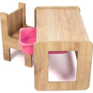 Industrial Living kindertafel met roze lade - Speeltafel - Tekentafel - Kinderbureau met kinderstoel - Activiteitentafel - Walnoot - Hout