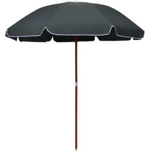 <p>Deze elegante parasol beschermt je tegen schadelijke uv-stralen en biedt perfecte schaduw. Hij is gemaakt van uv-beschermend en anti-vervagend polyester, waardoor hij lang meegaat. De parasolhoes zorgt voor optimale bescherming tegen de zon en is gemakkelijk schoon te maken.</p>
<p>De sterke stalen paal met houtkleurige coating en 8 baleinen maken de parasol stabiel en duurzaam. Je kunt erop vertrouwen dat hij stevig blijft staan, zelfs op winderige dagen. Let wel op, bij zware regenval adviseren wij om het parasoldoek te behandelen met een waterdichtmakende spray.</p>
<ul>
  <li>Kleur: antraciet</li>
  <li>Materiaal: stof (100% polyester) en staal</li>
  <li>Totale afmetingen: 210 x 230 cm (ø x H)</li>
  <li>Booglengte: 240 cm</li>
  <li>Diameter paal: 32 mm</li>
  <li>Uv-beschermend en waterbestendig</li>
</ul>
<p>Deze parasol is niet alleen functioneel, maar ook stijlvol. Met zijn elegante ontwerp past hij perfect in elke tuin of terras. Geniet van de zomer zonder je zorgen te maken over schadelijke zonnestralen. Bestel nu deze hoogwaardige parasol en creëer een comfortabele schaduwplek voor jezelf en je gezin.</p>