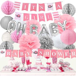 Babyshower Geboorte Versiering Pakket Meisje - Babydouche Baby Shower Decoratie - Roze Versier set Olifant met Oh Baby It's a girl Ballonnen Slinger
