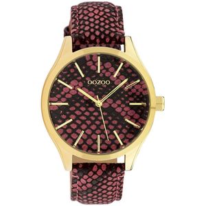 OOZOO Timepieces - Goudkleurige horloge met bordeaux rode leren band - C10433
