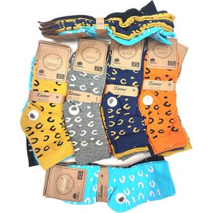 Comfortabele dames sokken 5 paar multicolour geel/donkerblauw/grijs/oranje panterprint maat 35-38