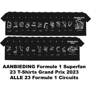 AANBIEDING Superfan Set Grand Prix 2023 - 23 T Shirts Formule 1 Racing - T-Shirts ALLE Formule 1 Circuits - Dutch Lion Legion - Zwart T-shirt - T-Shirt Vrouw - T-Shirt Grand Prix - GP Bundel - maat XL