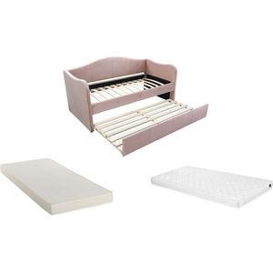 Vente-unique Bedbank met uitschuifbed 2 x 90 x 190 cm - Fluweel - Roze + Matras - MATHILDE L 203 cm x H 99 cm x D 101.5 cm