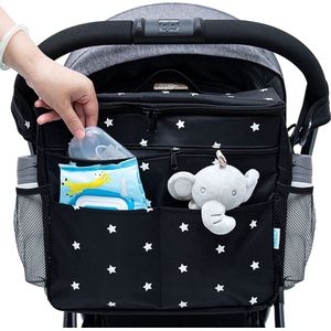 XL Buggy Organizer Bags, 22 L Grote Kinderwagen Luier Organizer met bekerhouders en schouderbanden Gebruikt als moederhandtas & schoudertassen & rugzak (Black Star)