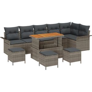 vidaXL - 10-delige - tuinzetel - set - met - kussens - Grijs - Poly - Rattan - Acacia