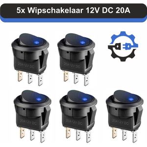 5x Tuimel Wipschakelaar 12V Rond - 20A - Blauw LED indicator - Inbouw - Inbouwschakelaar - 20mm - 21mm - 22mm - 23mm- Scooter - Auto - Boot - Camper - Caravan - Schakelaar Tuimelschakelaar - Aan / Uit - Met LED Lamp Blue-