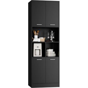 Hoge Kast met 4 Deuren en Planken – Zwart – Voor Badkamer, Keuken of Studieruimte – Houten Boekenkast / Opbergkast – 180,5 x 60 x 40 cm