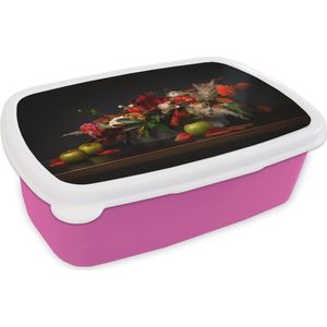 Broodtrommel Roze - Lunchbox - Brooddoos - Stilleven - Boeket - Kleuren - 18x12x6 cm - Kinderen - Meisje