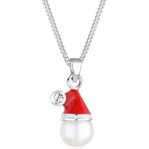 Elli Dames Halsketting Dames Kerstmuts Email met Kristallen en zoetwater gekweekte parels in 925 Sterling Zilver