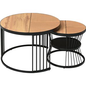 Merax Ronde Salontafel Set - 2-Delig - Moderne Satztafels voor Woonkamer - Slaapkamer en Balkon - Rattan Look - MDF - Bruin