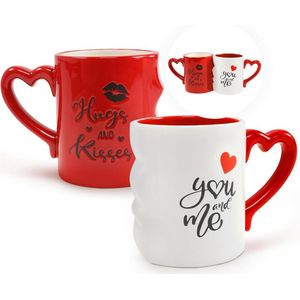 Koffiekopjes kussende mokken set liefdespaar in geschenkdoos mok met spreuk ""You and Me"" partnermokken in rood/wit romantisch cadeau voor Valentijnsdag bruiloft koppels vrienden ca.