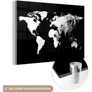 MuchoWow® Glasschilderij 120x80 cm - Schilderij acrylglas - Wereldkaart - Zwart - Wit - Leeuw - Foto op glas - Schilderijen