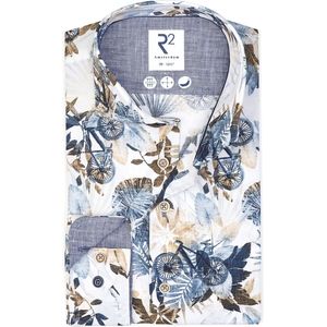 R2 Amsterdam - Overhemd Botanische Print Fiets Blauw - Heren - Maat 45 - Modern-fit