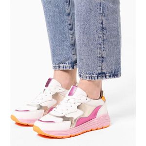 Manfield - Dames - Witte leren sneakers met roze en metallic details - Maat 42