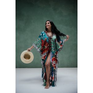 Luxe kaftan kimono - strandjurk - Wings of paradise - one size - lang model - pauw en bloemendesign - Cadeau vrouw