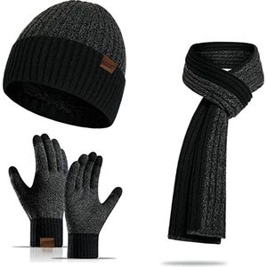 Winter Set voor Mannen - Inclusief Muts, Sjaal & Handschoenen met Touchscreen - Zwart + Grijs