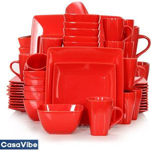 CasaVibe Serviesset – 48 delig – 12 persoons – Keramiek - Luxe – Bordenset - Koppen - Kommen - Vierkant - Rood