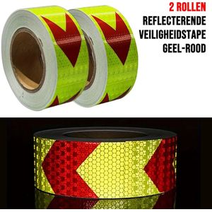 Allernieuwste.nl® 2 Rollen Reflecterende Tape Stickers Veiligheidstape - 50mmx3mtr - Reflectie Reflector Plakband - Geel-Rood - 2 Rollen %%