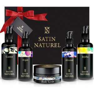 Satin Naturel Geschenkset voor Vrouwen - Haarverzorging geschenkset met arganolie + jojoba olie + amandelolie + castor olie of ricinusolie, Haar olie Verwenpakket voor haar, Geschenkset van 350ml