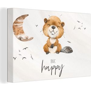 Canvas - Jongens - Be happy - Bever - Aquarelverf - Spreuken - Canvasdoek jongenskamer - 30x20 cm - Canvas doek