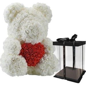 Witte Teddybeer / Rode Hart / Bloemen beer / Teddy beer / Valentijnsdag / Moederdag / Verjaardag
