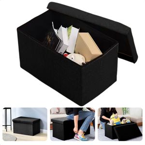 Cheqo® Opvouwbare Poef Met Opbergruimte - Zwart - Grote Opbergbox - Organizer - Voetenbankje - Hocker - MDF en Katoen