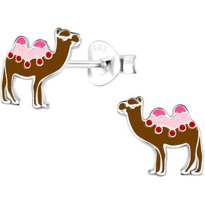 Joy|S - Zilveren kameel oorbellen - 8 mm - bruin - kinderoorbellen