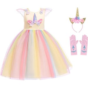 Unicorn Jurk | Eenhoorn Jurk | Prinsessenjurk Meisje | maat 110(120) |Verkleedkleren Meisje |Prinsessen Verkleedkleding | Carnavalskleding Kinderen | Haarband |Handschoenen|Geel