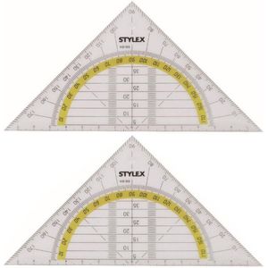 2x Geodriehoeken met liniaal en gradenboog 14 cm - Hobby/schoolbenodigdheden geodriehoeken/linialen van plastic