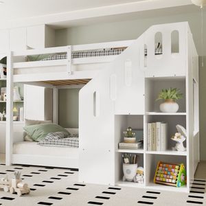 Kinderstapelbed, tweepersoonsbed, multifunctioneel kinderbed, met trap en opbergruimte, stabiele leuning, zonder matras, 90*200cm, wit