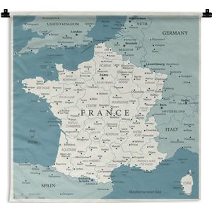 Wandkleed Kaart Frankrijk - Blauwe kaart van Frankrijk Wandkleed katoen 180x180 cm - Wandtapijt met foto