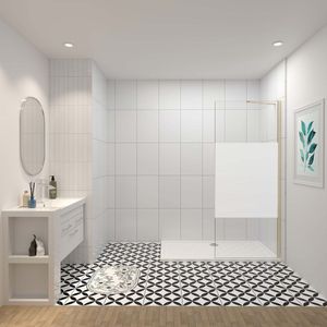 90x200cm inloopdouche, 10 mm wit gematteerd gehard glas in het midden met explosieveilige folie, 50cm stabilisatiestang, goud.