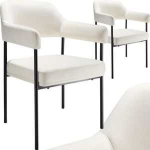 tectake® Eetkamerstoel met armleuning - Fluweelzachte stof - Gestoffeerd met stalen poten - set - div kleuren - Set van 2 stoelen - Gebroken wit met zwarte poten