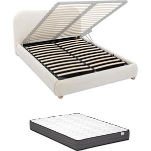 Vente-unique Bed met opbergruimte 160 x 200 cm - Boucléstof - Wit + matras - VANARI L 181 cm x H 95 cm x D 225 cm