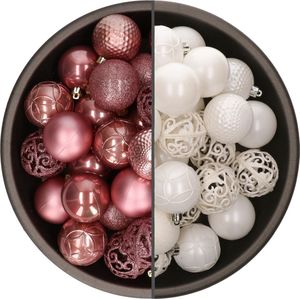 Bellatio Decorations Kerstballen mix - 74-delig - oudroze en wit - 6 cm - kunststof