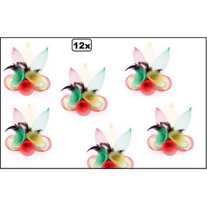 12x Broche tule 3 bloemen met veertjes rood-geel-groen - Thema feest carnaval party festival evenement