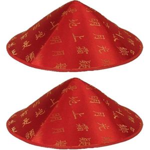 Set van 2x aziatische/chinese hoedjes - Rood - Gouden tekens/letters - Carnaval verkleed hoedjess - Voor volwassenen/kinderen