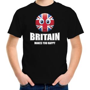Britain makes you happy landen t-shirt Verenigd Koninkrijk met emoticon - zwart - kinderen - Verenigd Koninkrijk landen shirt met Britse vlag - EK / WK / Olympische spelen outfit / kleding 110/116