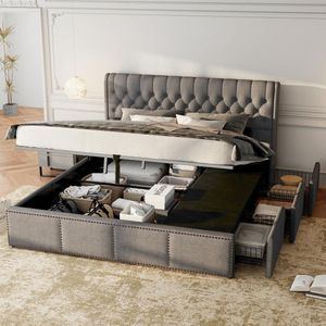 Sweiko Tweepersoons gestoffeerd bed - 180x200 cm - 3 laden - hydraulische opbergruimte - zonder matras - linnen - grijs