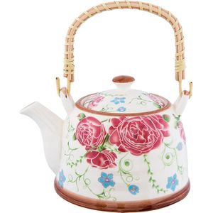 HAES DECO - Chinese Theepot - Porselein - Roze en Blauwe Bloemen - Theepot 700 ml - Traditioneel Theeservies, Theekan